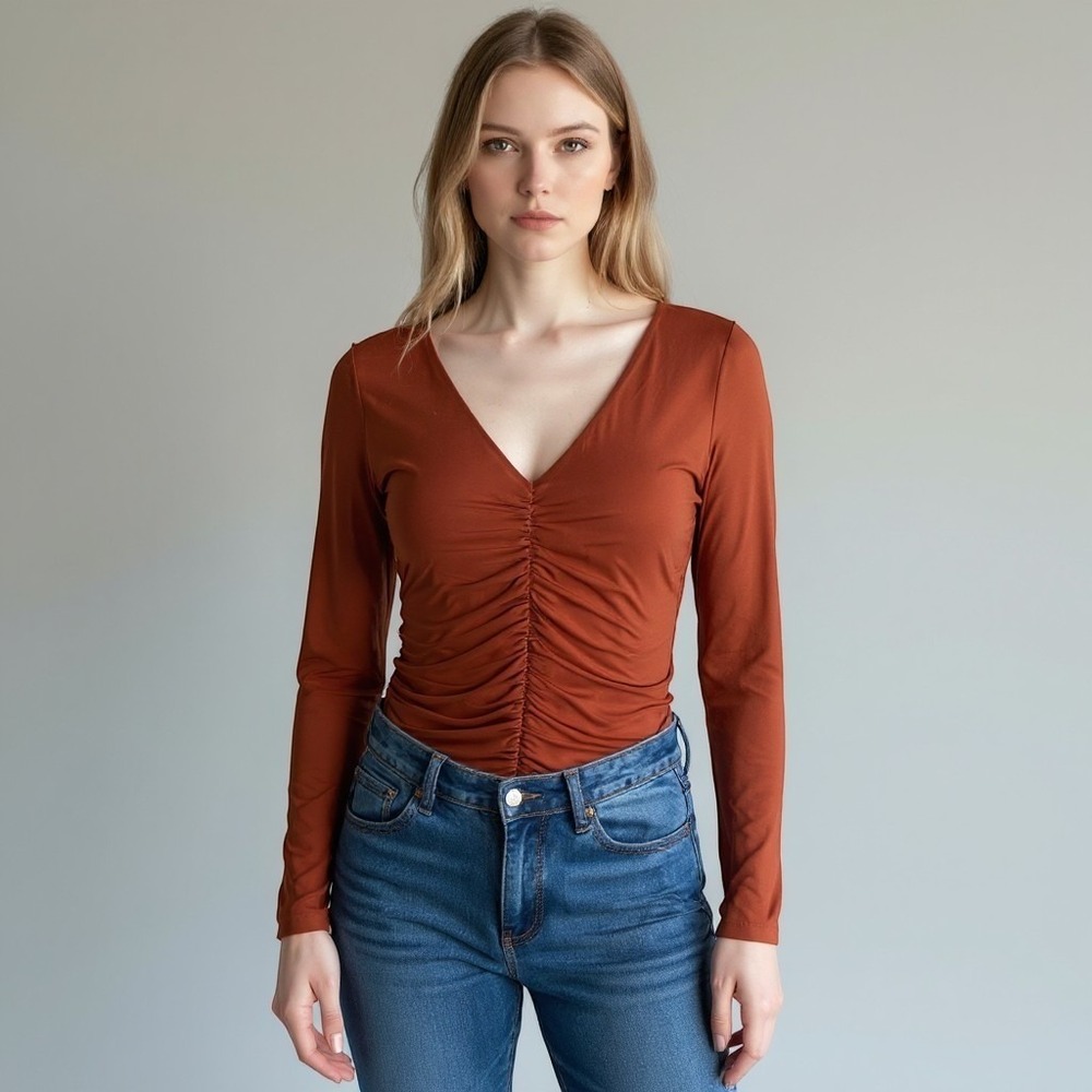 Abercrombie & Fitch Soft A&F Ruched V-Neck Long Sleeve Bodysuit Rust Brown L